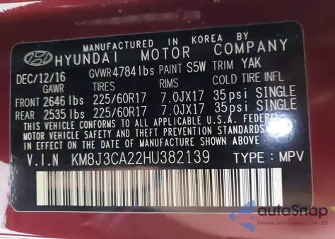 2017 Hyundai Tucson Eco z USA, uszkodzony, nr VIN KM8J3CA22HU382139